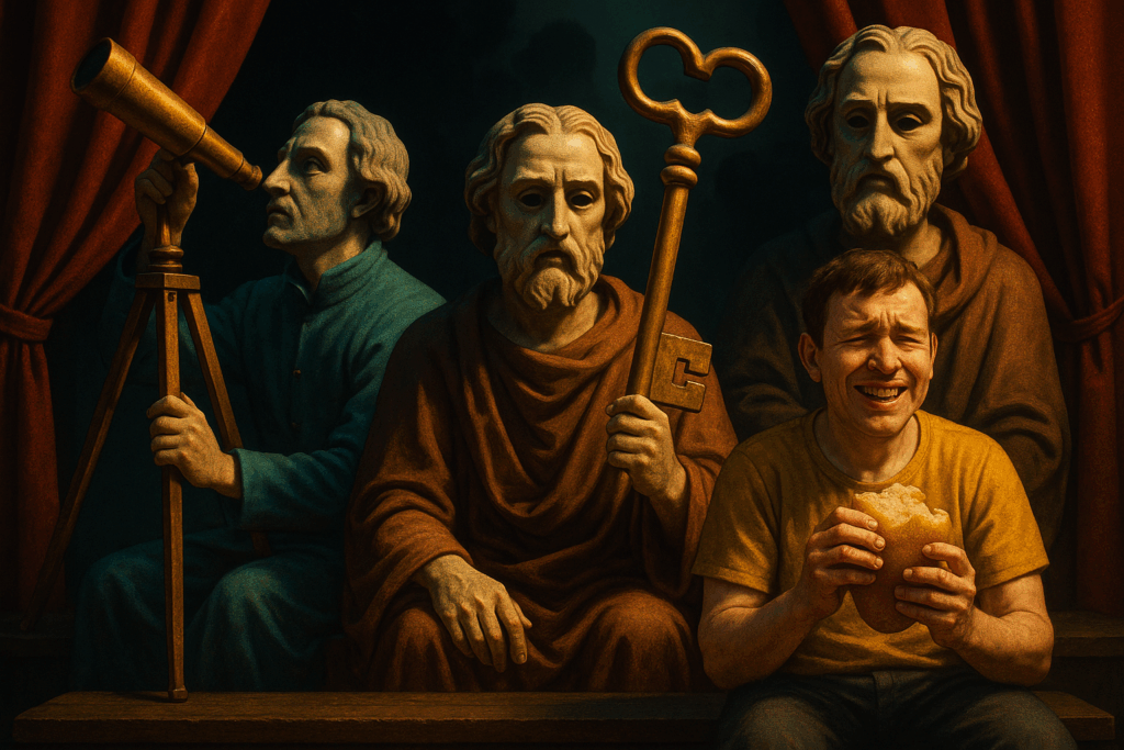 Filozof maskeli figürler ve sıradan bir adamın karşıtlığı, hicivli illüstrasyon